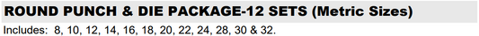 #40 Round Punch & #82 Die Package - 12 Sets (Metric Sizes)